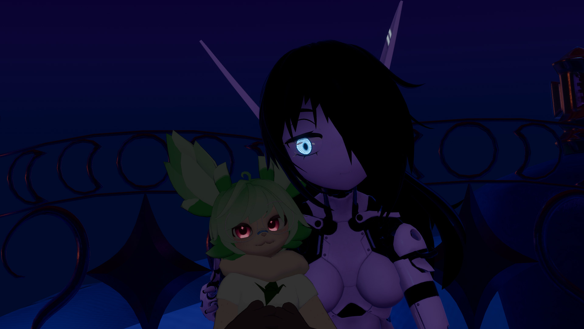 My robot self holding my arm around a small, leafy green bunny.